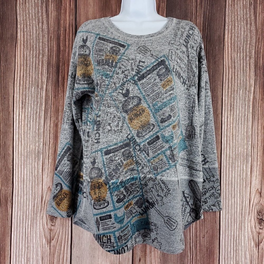 Inoah Wearable Art Womens Size Small Gray Lightweight Sweater Lunch Burger